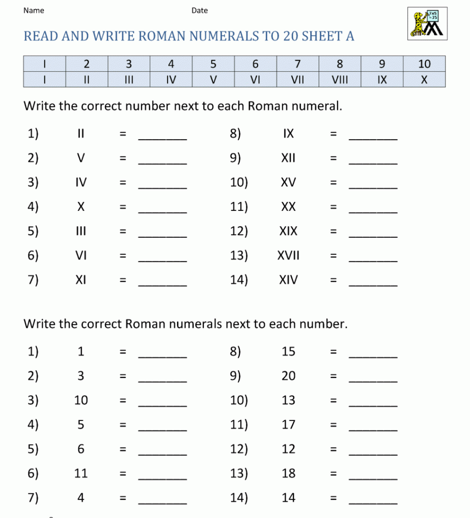 Free Printable Roman Numerals Worksheet Pdf Multiplication Table