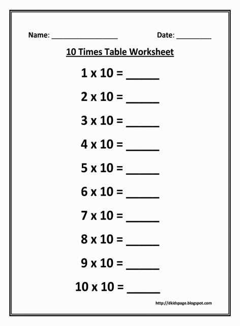 Multiplication Chart 10 Worksheet