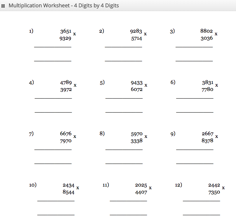 Blank Multiplication Table 1-1000