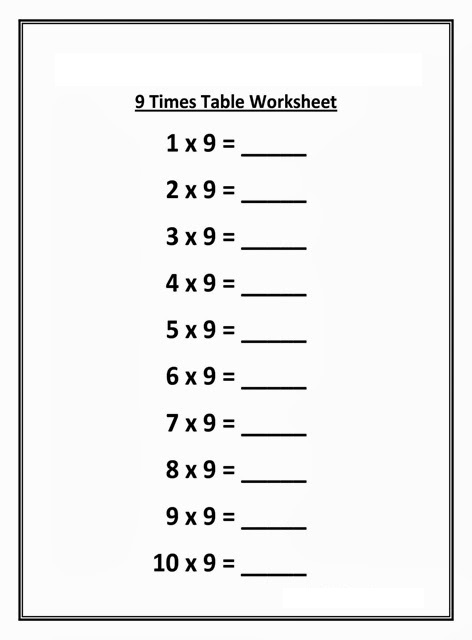 Multiplication Chart 9 Blank