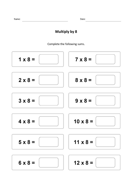 Multiplication Table Chart 8 Worksheet