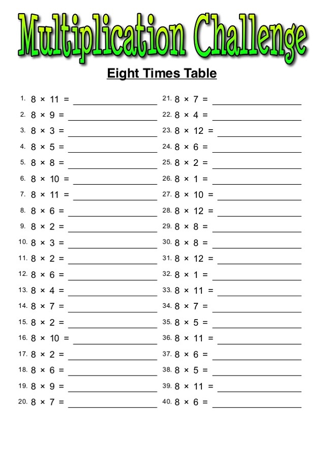 Multiplication Chart 8 Blank