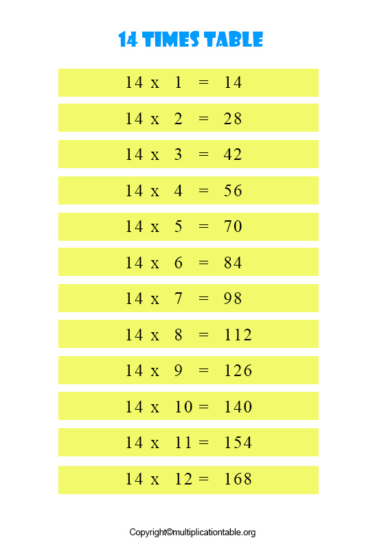 times table 14 printable multiplication table 14 chart