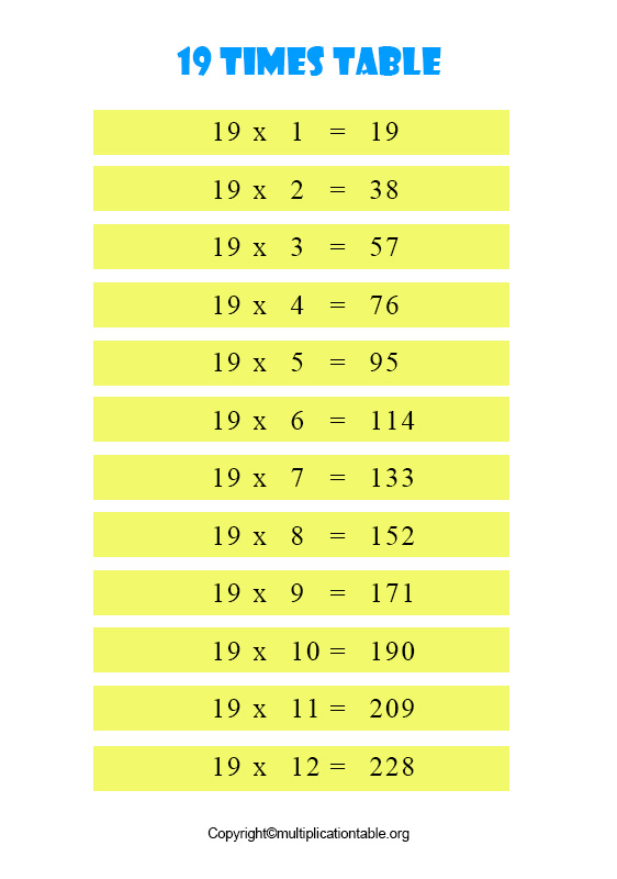 Multiplication Table 19
