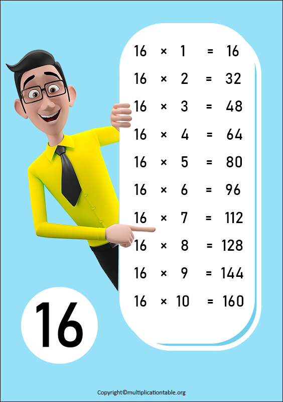 16 Times Table Free 16 Multiplication Table Printable Chart