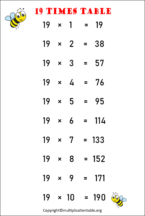 19 Multiplication Table