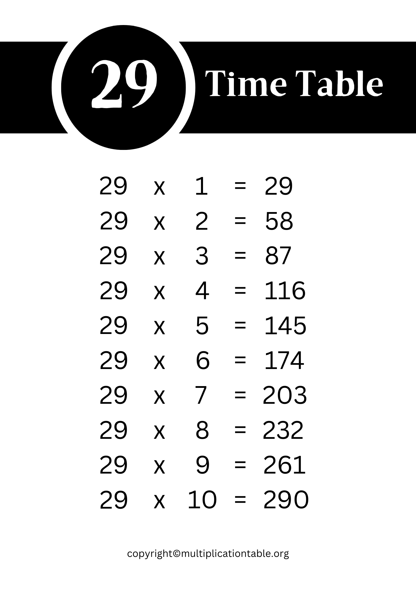 29 Multiplication Table