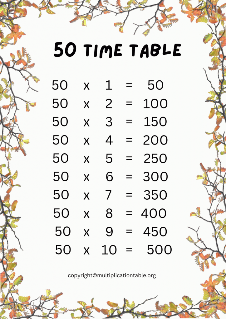 50 Times Table Free 50 Multiplication Table Printable Chart