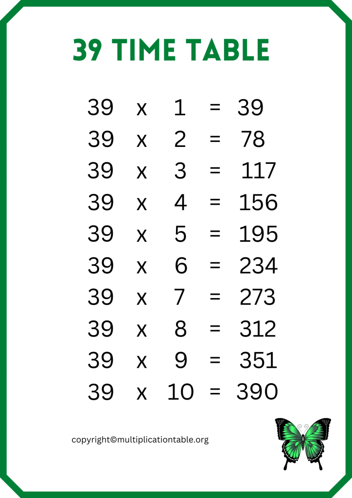 Free thirty nine Times Table PDF