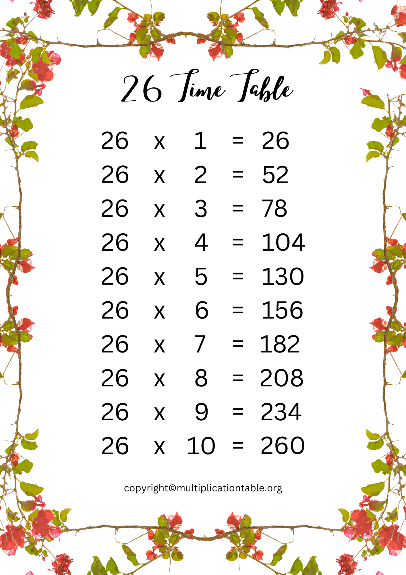 Printable 26 Times Table