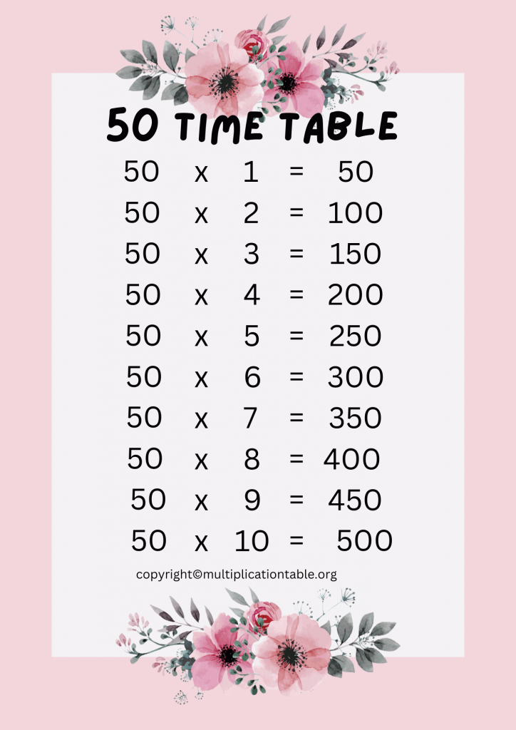 Printable 50 Times Table