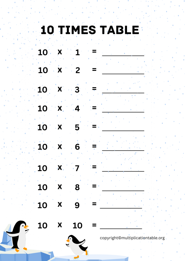 10 Times Table Worksheet PDF