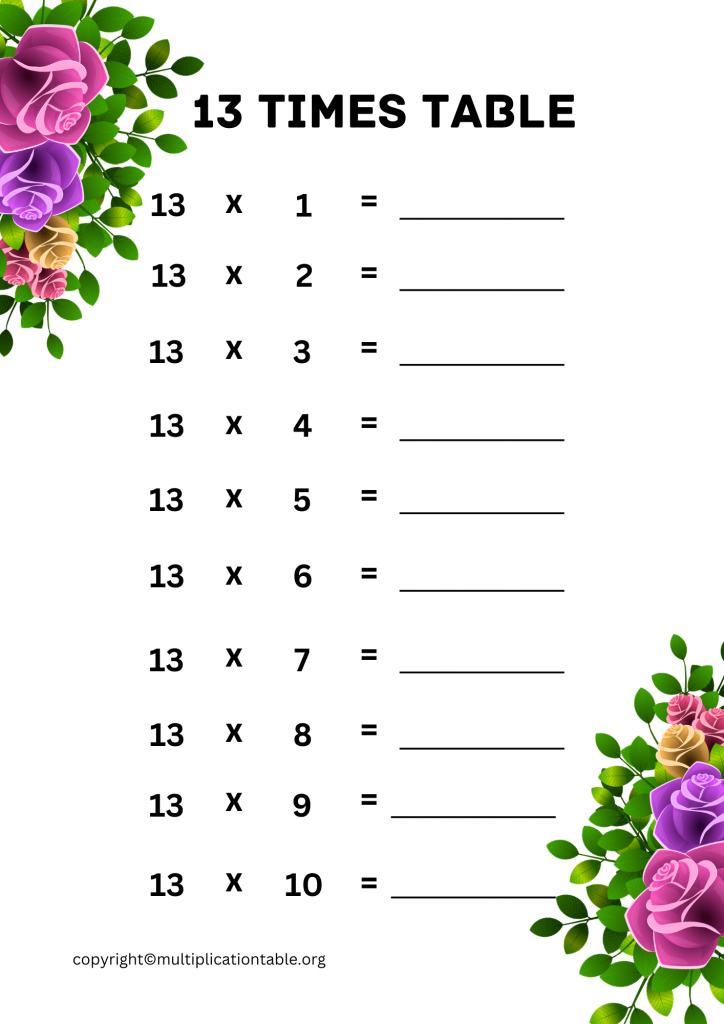 13 Times Table Worksheet PDF