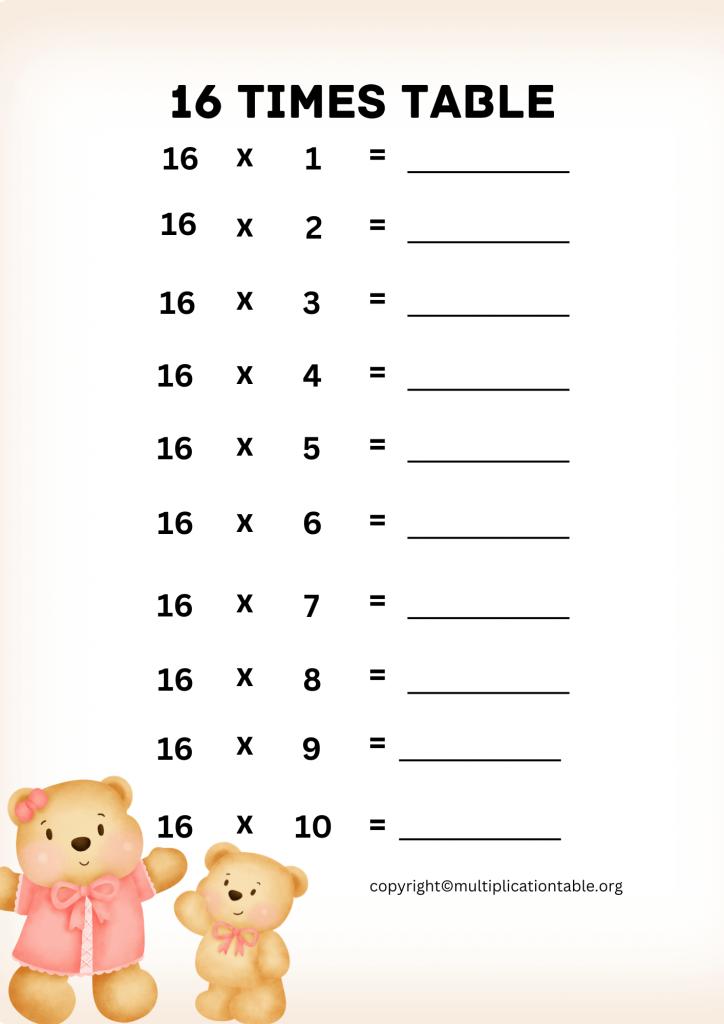 16 Times Table Worksheet PDF