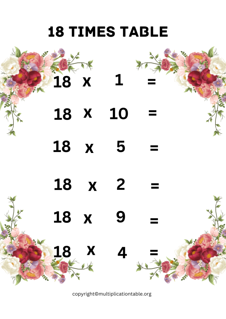 18 Times Table Worksheet PDF