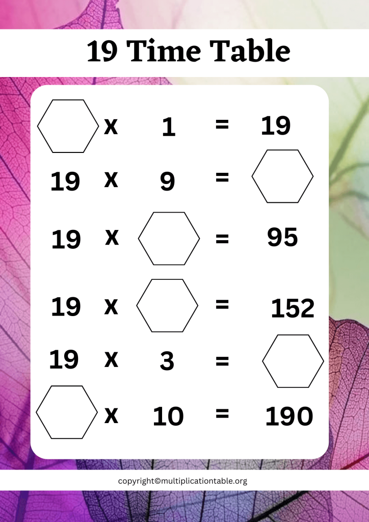 19 Times Table Worksheet PDF