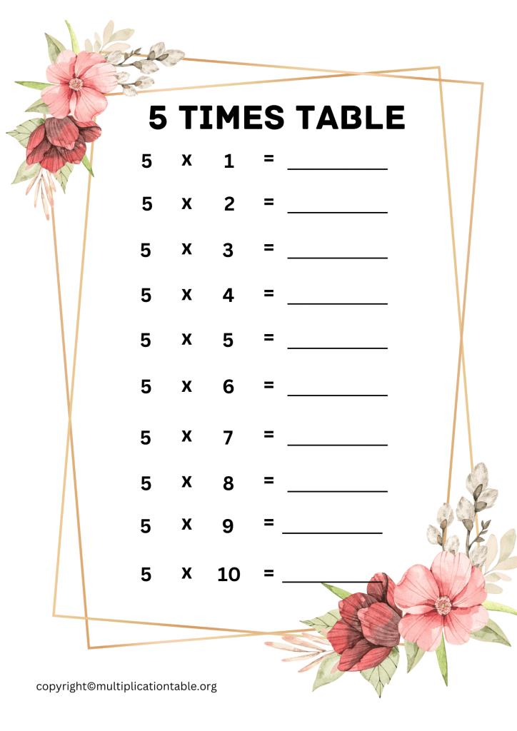 5 Times Table Worksheet PDF