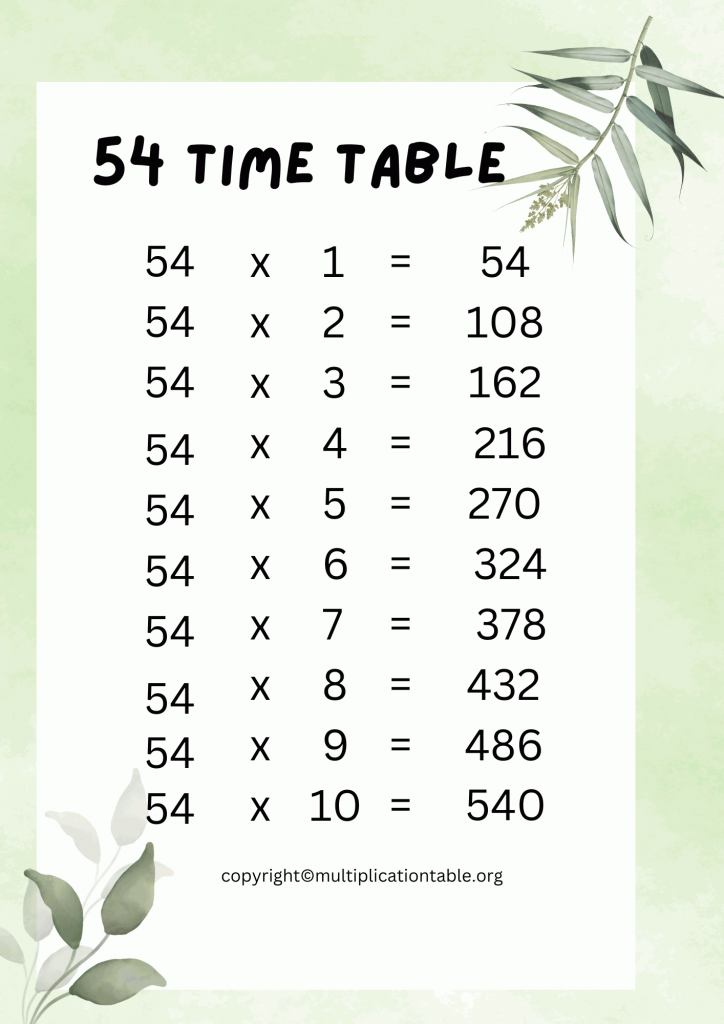 54 Times Table [Free 54 Multiplication Table] Printable Chart