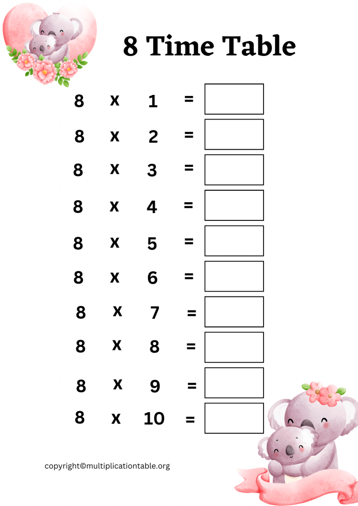 Eight Times Table Worksheet