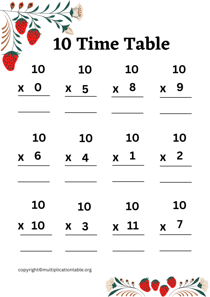 Free 10 Multiplication Chart Worksheets