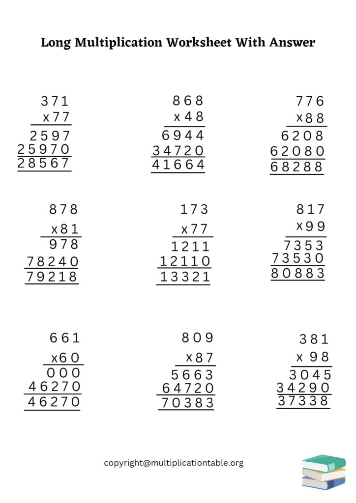 Long Multiplication Worksheet with Answers