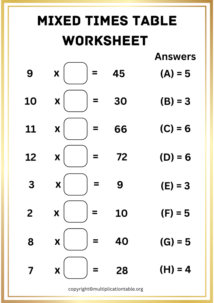 Mixed Times Table Practice Worksheets with Answers
