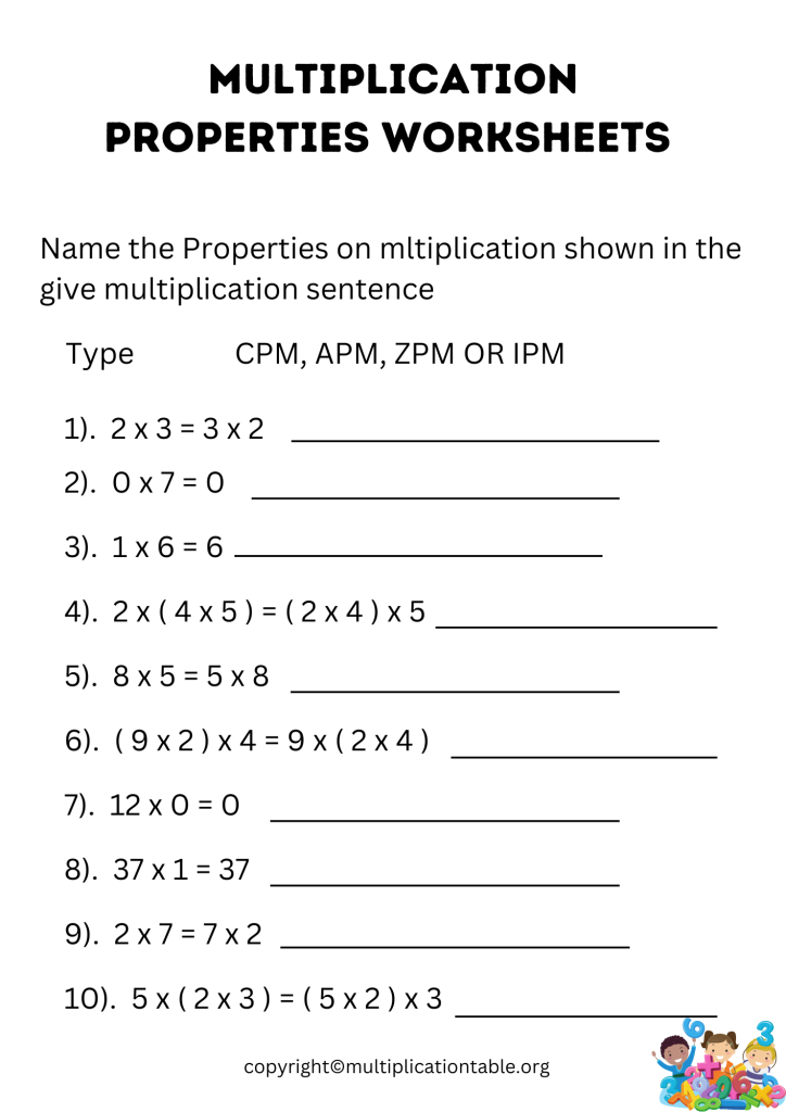 Multiplication Properties Worksheets