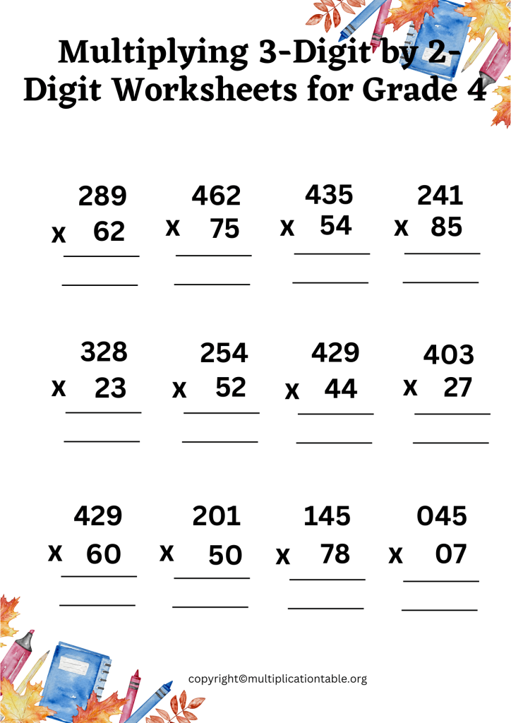 Multiplying 3-Digit by 2-Digit Worksheets for Grade 4