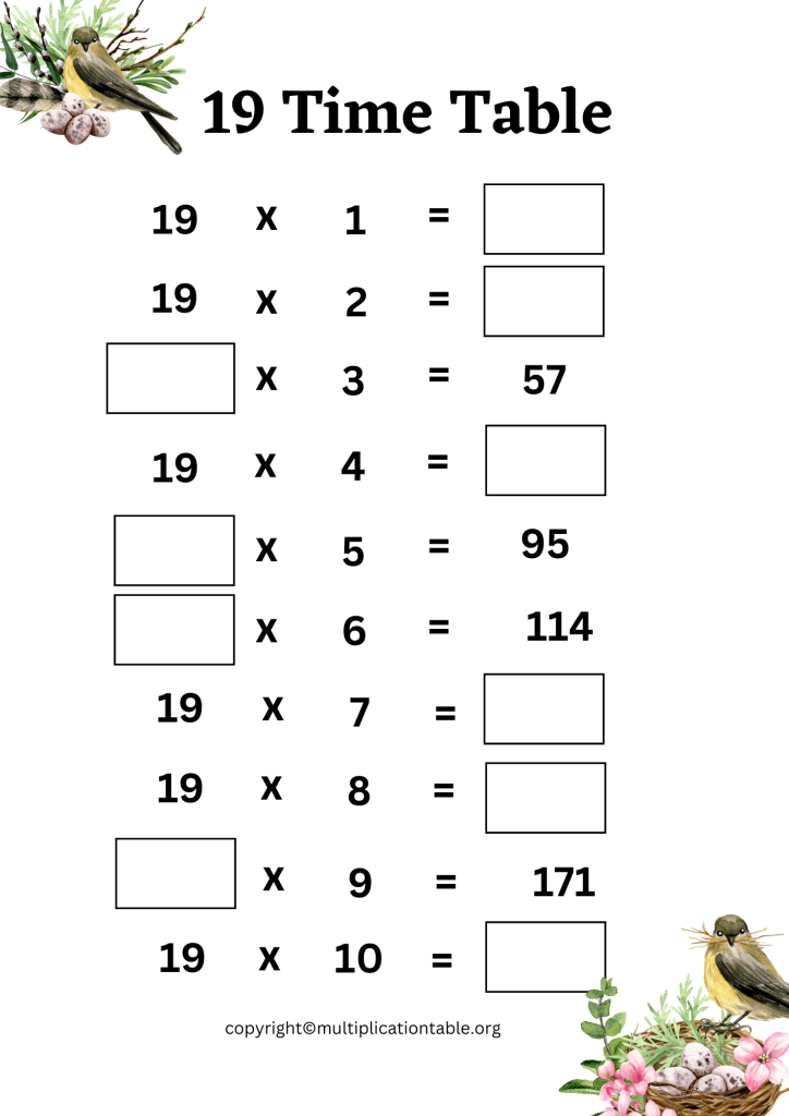 Nineteen Times Table Worksheet