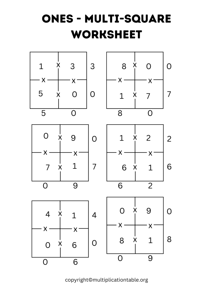 Ones - Multi-Square Worksheet with Answer Key
