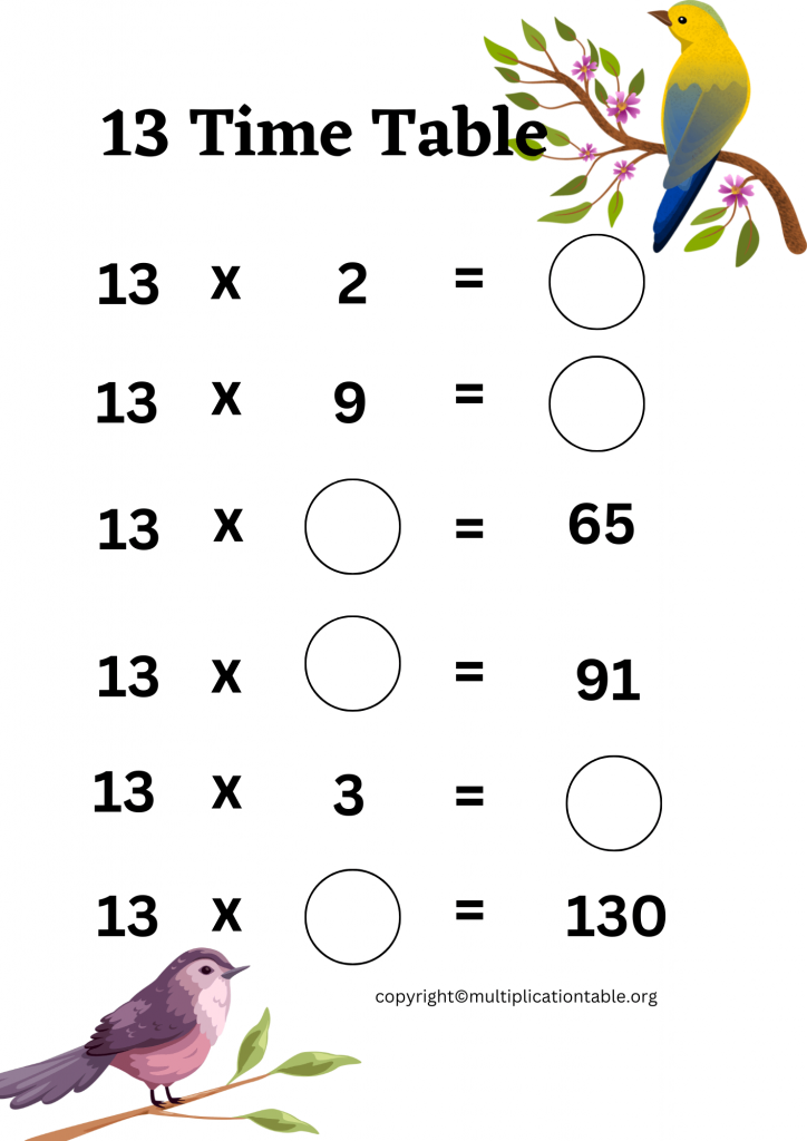 Printable 13 Multiplication Table Worksheet
