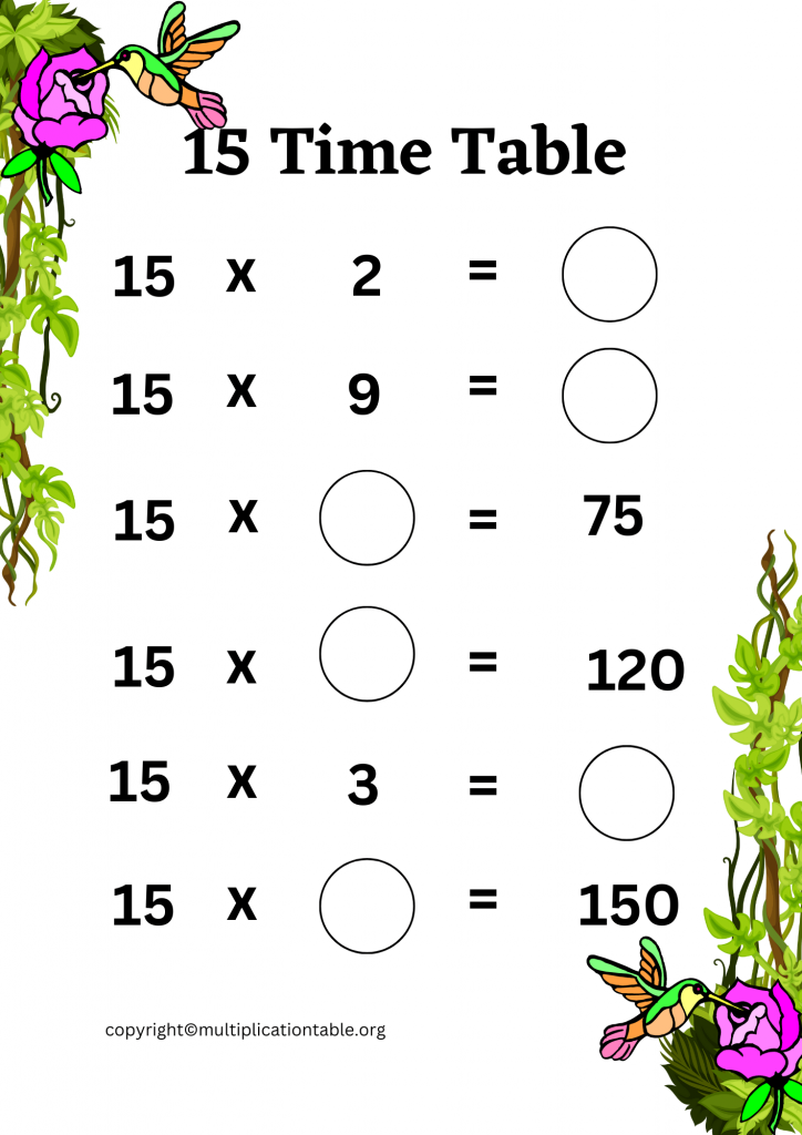 Printable 15 Multiplication Table Worksheet