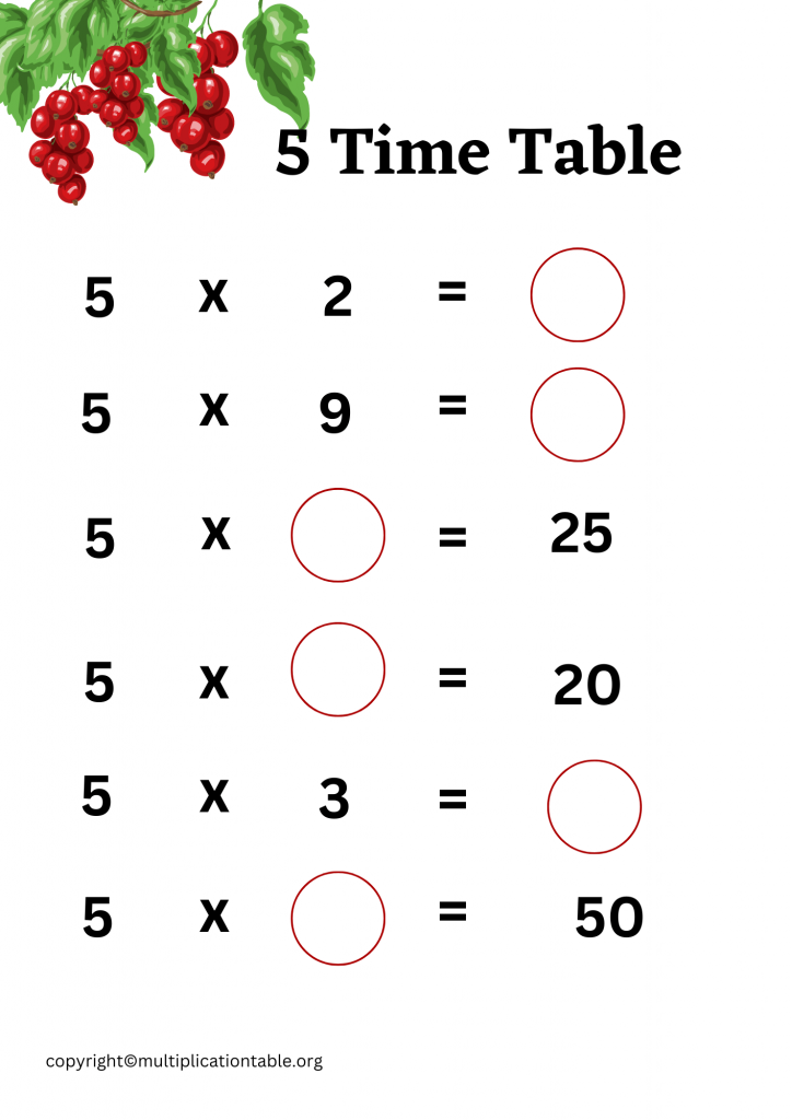 Printable 5 Multiplication Table Worksheet