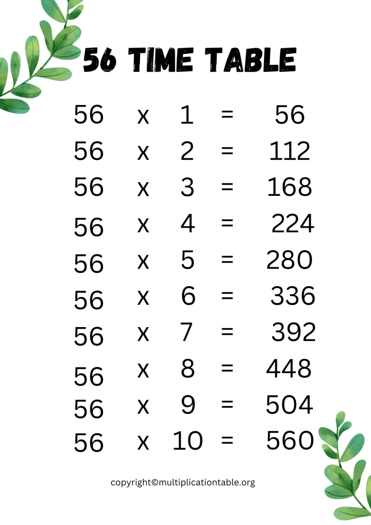 Printable 56 Times Table