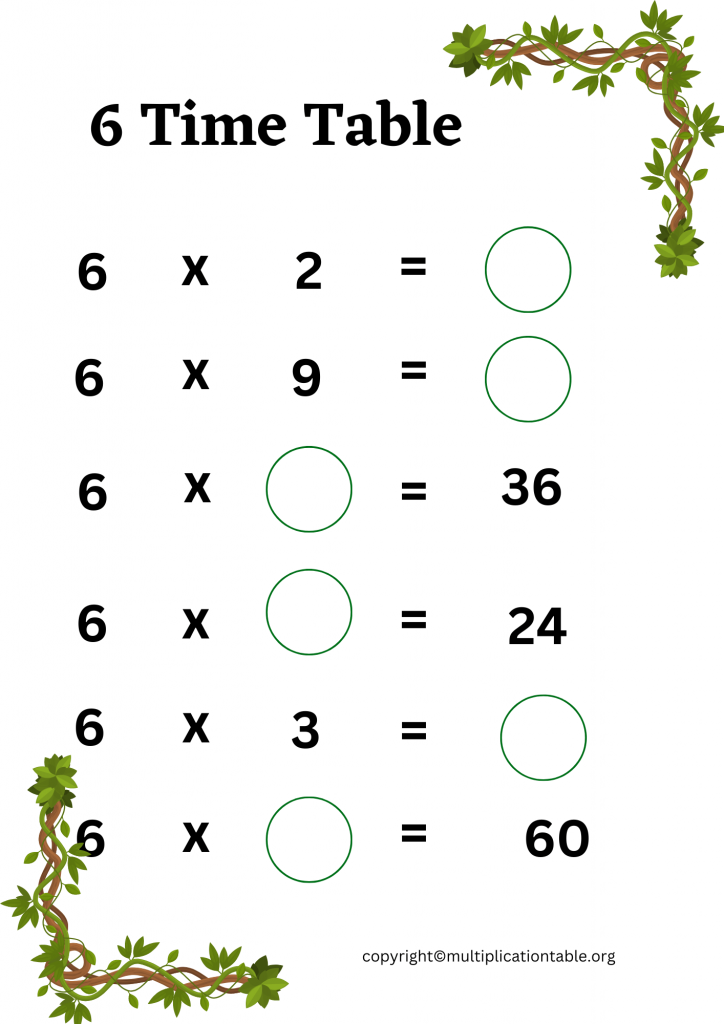 Printable 6 Multiplication Table Worksheet