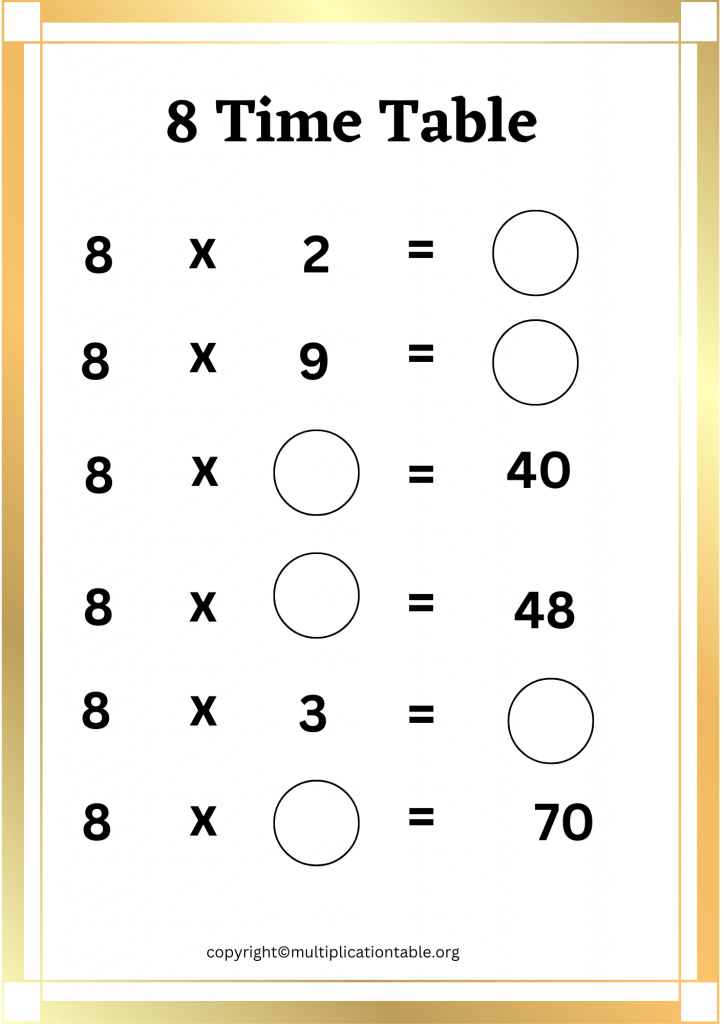 Printable 8 Multiplication Table Worksheet