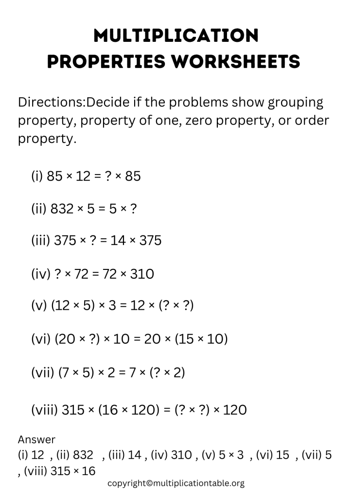 Printable Multiplication Properties Worksheet for Grade 3
