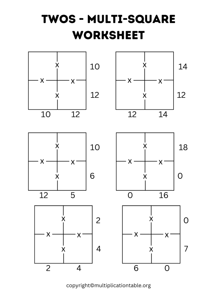 Printable Twos Multi Square Worksheet