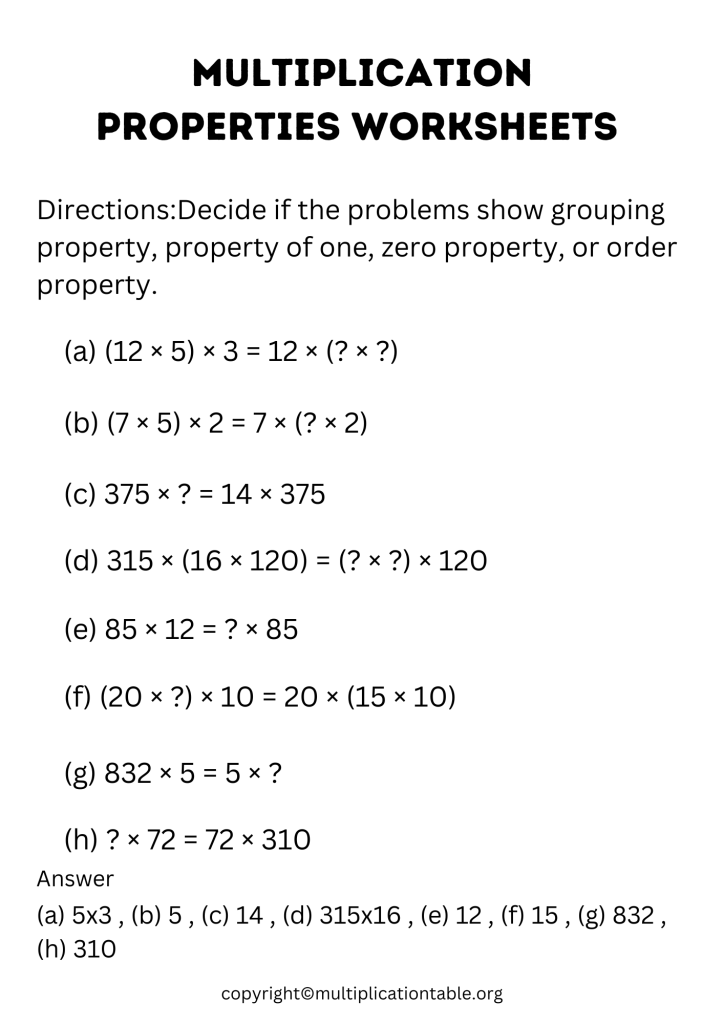 Properties of Multiplication Worksheets with Answers