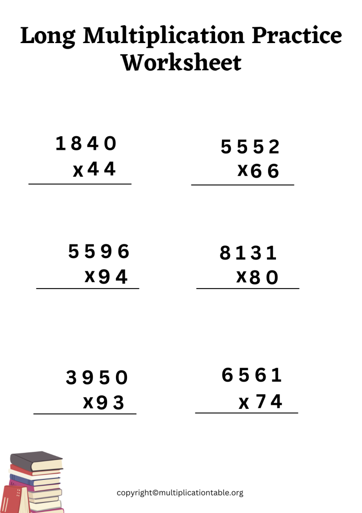 Simple Long Multiplication Worksheet PDF