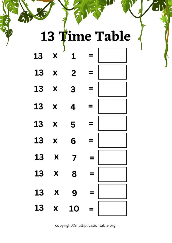 Thirteen Times Table Worksheet