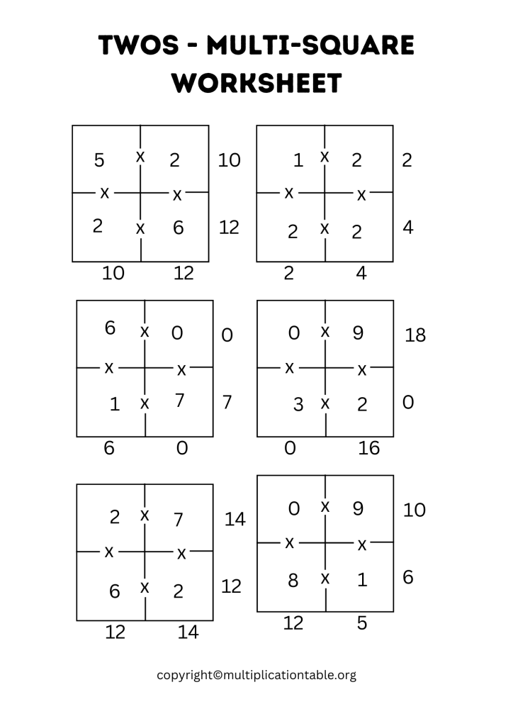 Twos - Multi-Square Worksheet with Answer Key