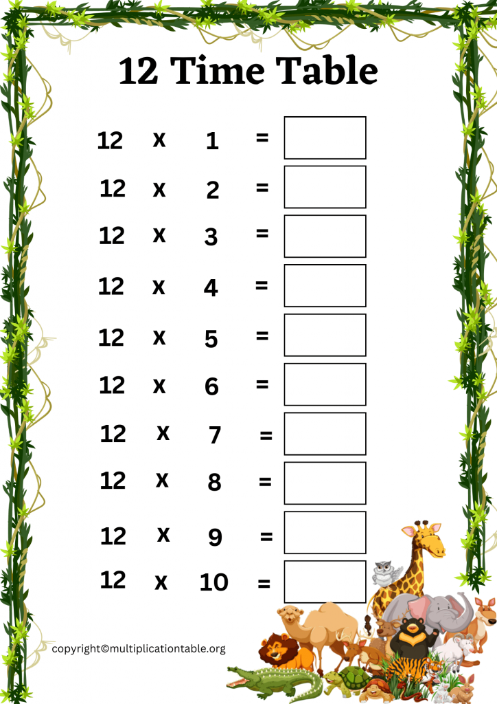 twelve Times Table Worksheet