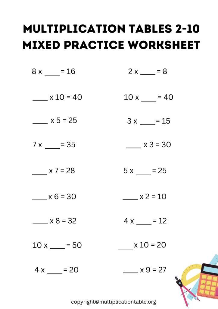 2 to 10 Multiplication Tables Worksheet PDF