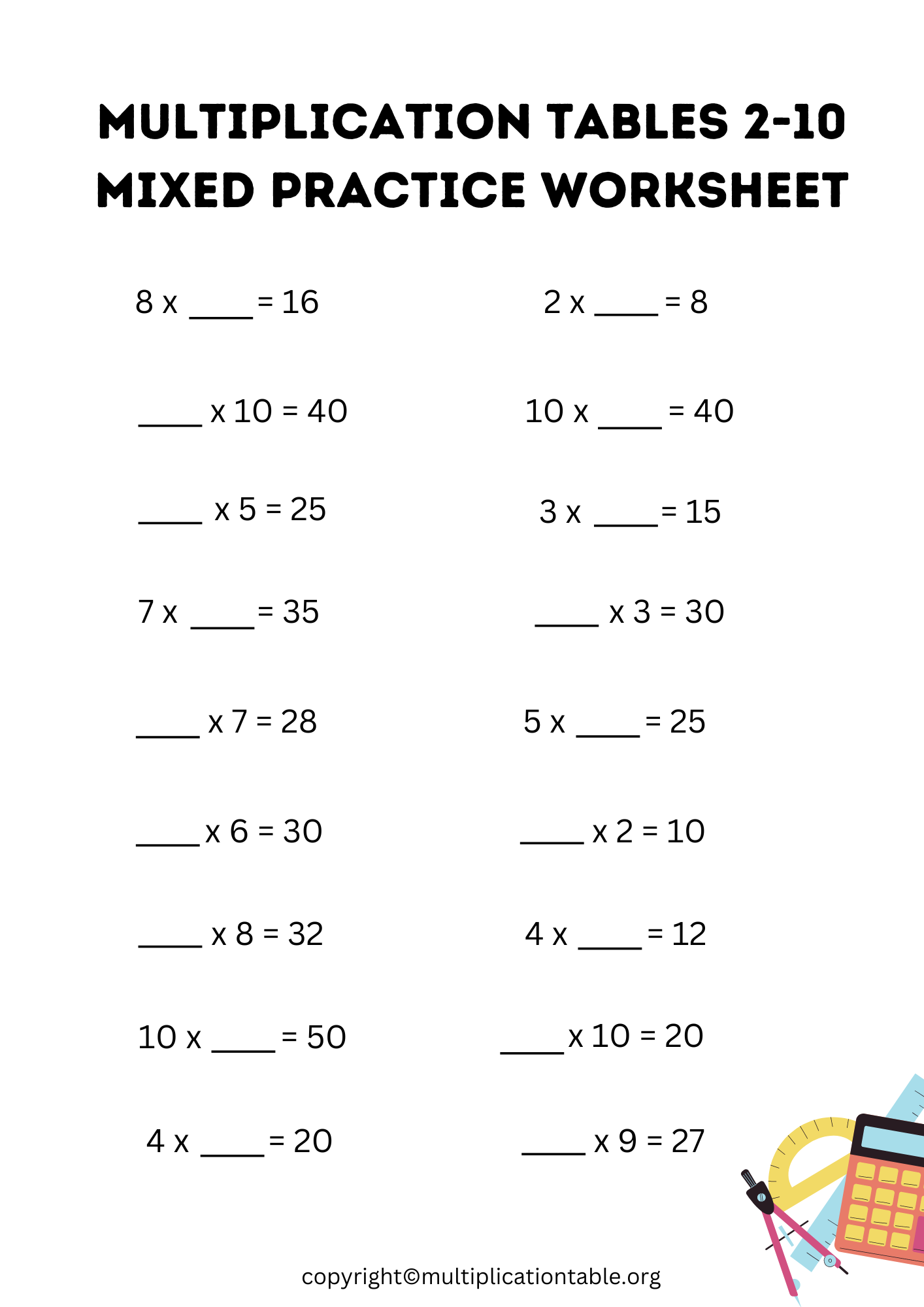 Multiplication Tables 2-10 Mixed Practice Worksheet [PDF]