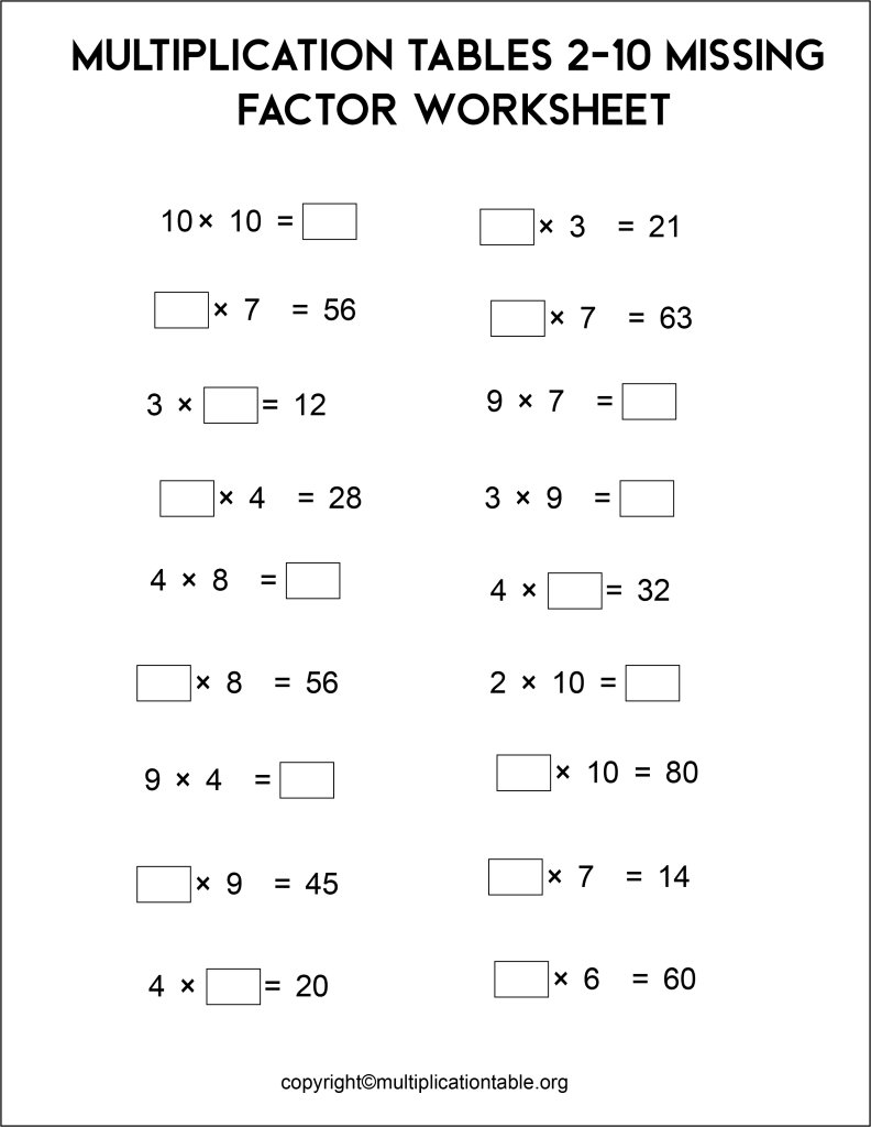 2 to 10 Multiplication Tables Worksheet with Missing Factor PDF