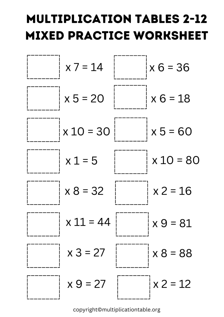 2 to 12 Multiplication Tables Worksheet PDF