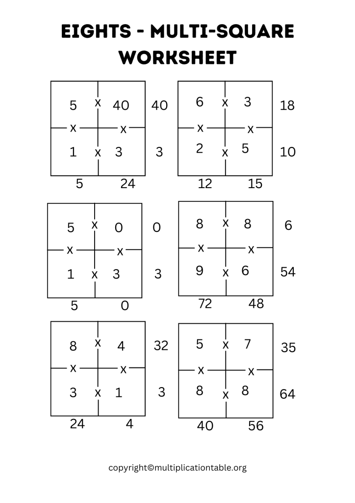 Eights - Multi-Square Worksheet with Answer Key