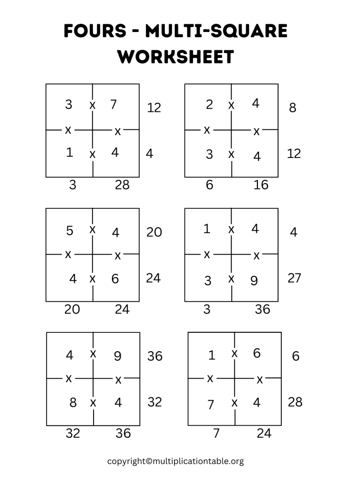 Fours - Multi-Square Worksheet with Answer Key