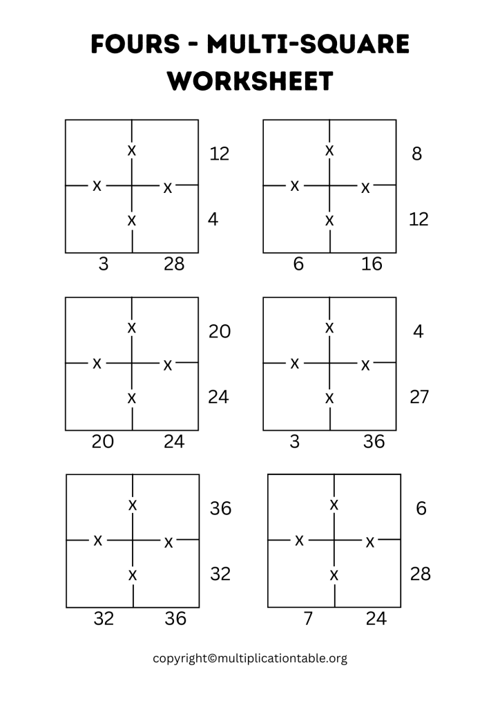 Multi Square Fours Worksheet PDF